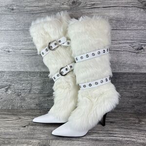 Y2K 2000s Colin Stuart White Faux Fur Lesther Belt Knee High Boots Heels 6.5B